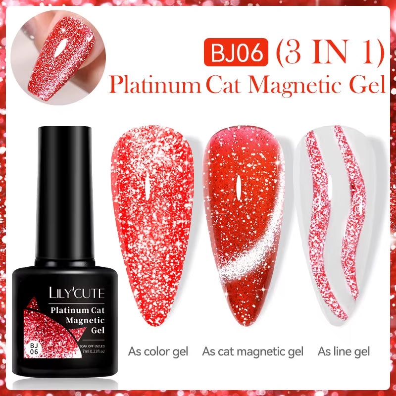 3-in-1 Platinum Rose Gold Cat Magnetic Gel Nail Polish - 7ML Moonlight Glitter UV Varnish for Stunning Semi-Permanent Manicures