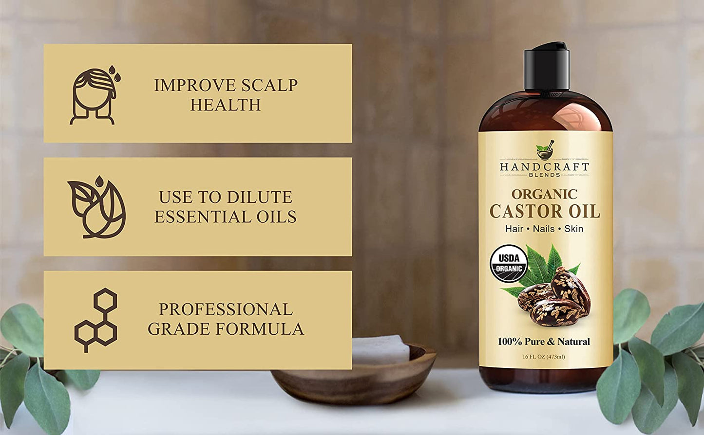 Organic Castor Oil - 16 Fl Oz - 100% Pure and Natural - Premium Grade Carrier Oil for Hair Growth, Eyelashes and Eyebrows - Hair and Body - Expeller-Pressed& Hexane-Free