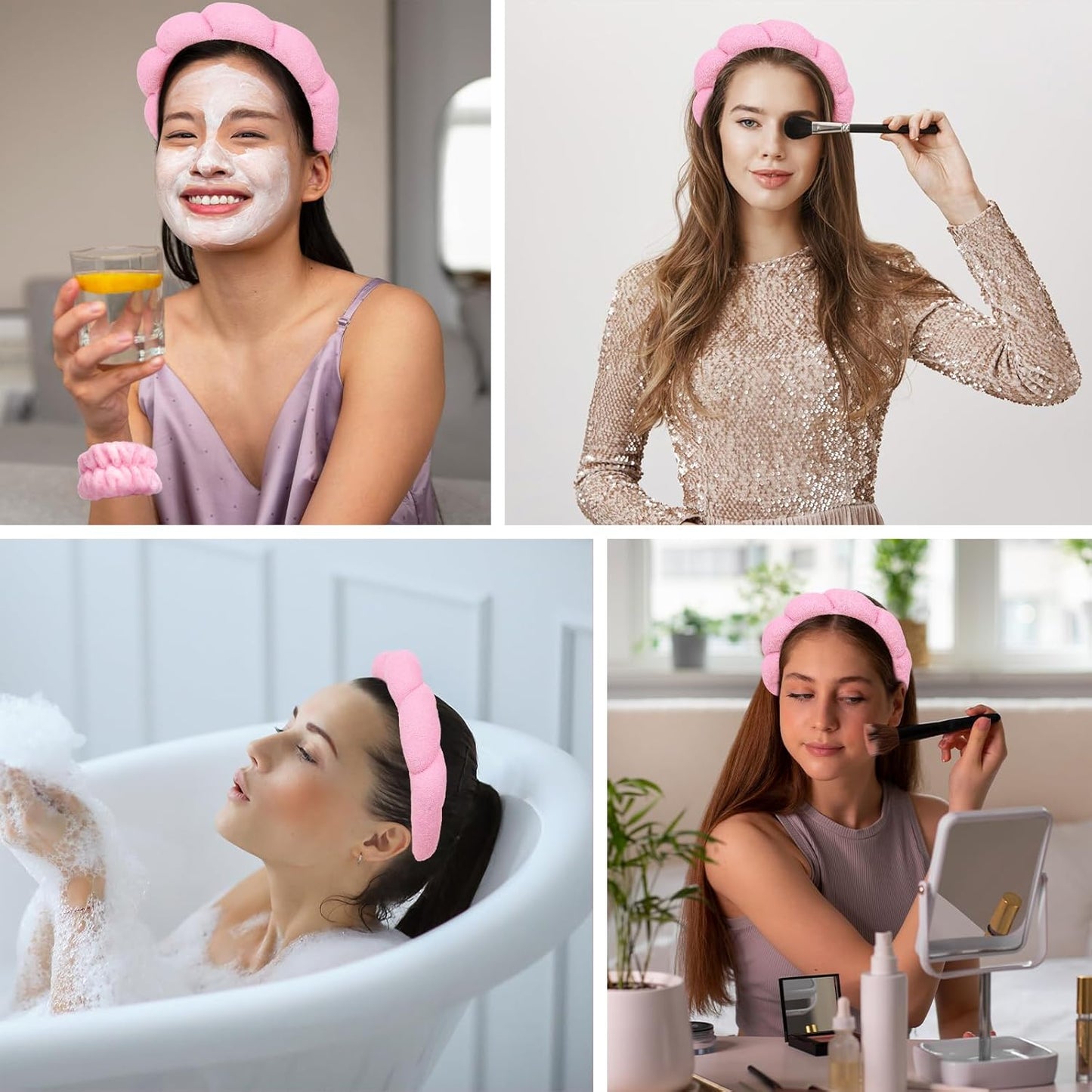 Pink Skincare Headband and Wristband Set for Washing Face, Makeup, Spa - Bubble Puffy Terry Cloth Soft Sponge Clouds Hair Accessories for Women