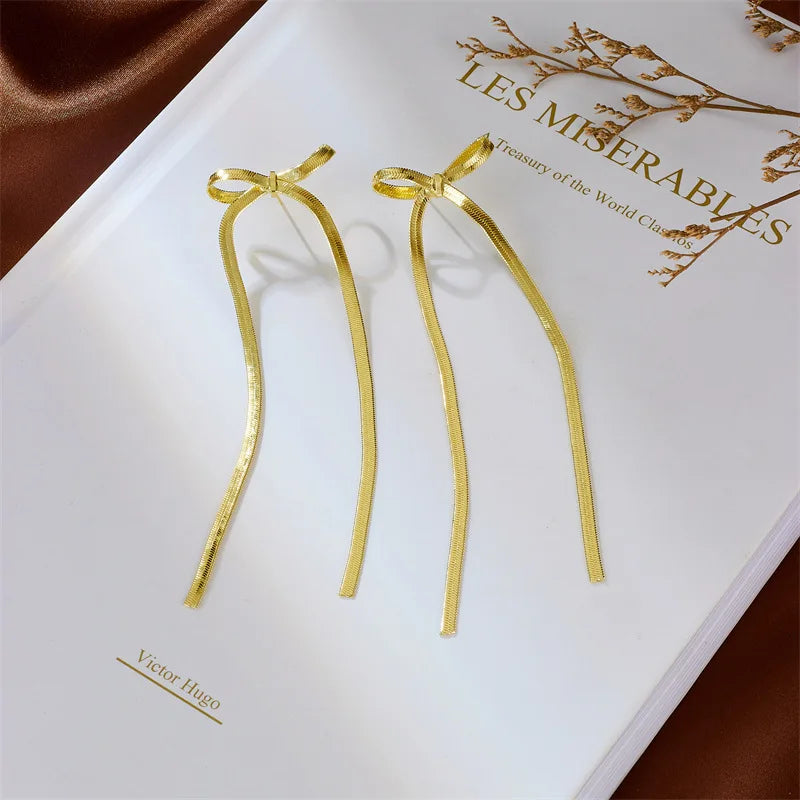 Fashion Long Tassel Bow Earrings for Women Stainless Steel Flat Snake Chain Bowknot Drop Earrings Statement Jewelry Girls Gift