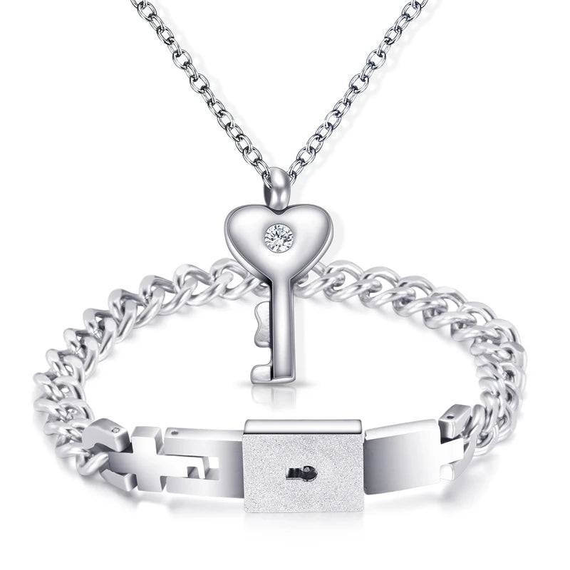 Stainless Steel Love Heart Jewelry Set - Elegant Lock & Key Pendant Necklace and Bracelet Combination