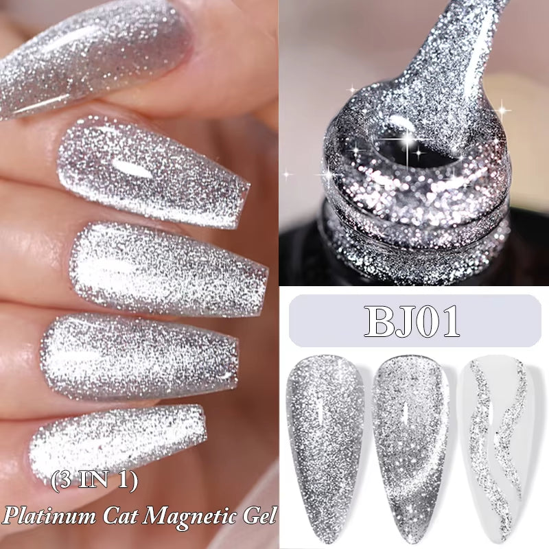 3-in-1 Platinum Rose Gold Cat Magnetic Gel Nail Polish - 7ML Moonlight Glitter UV Varnish for Stunning Semi-Permanent Manicures