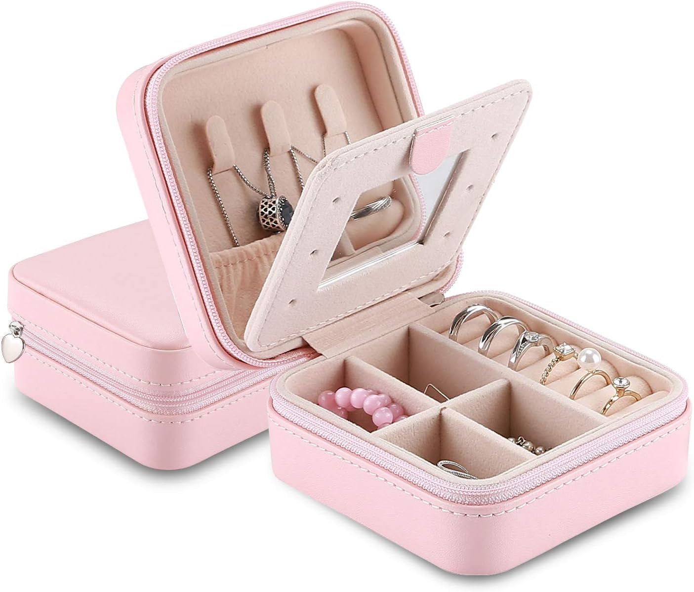 Vc-Ssb08-Pink Travel Jewellery Box for Jewellery Storage, Faux Leather Mini Jewellery Travel Case with Mirror for Necklaces Bracelets Earrings Rings Pink, Pink, Travel