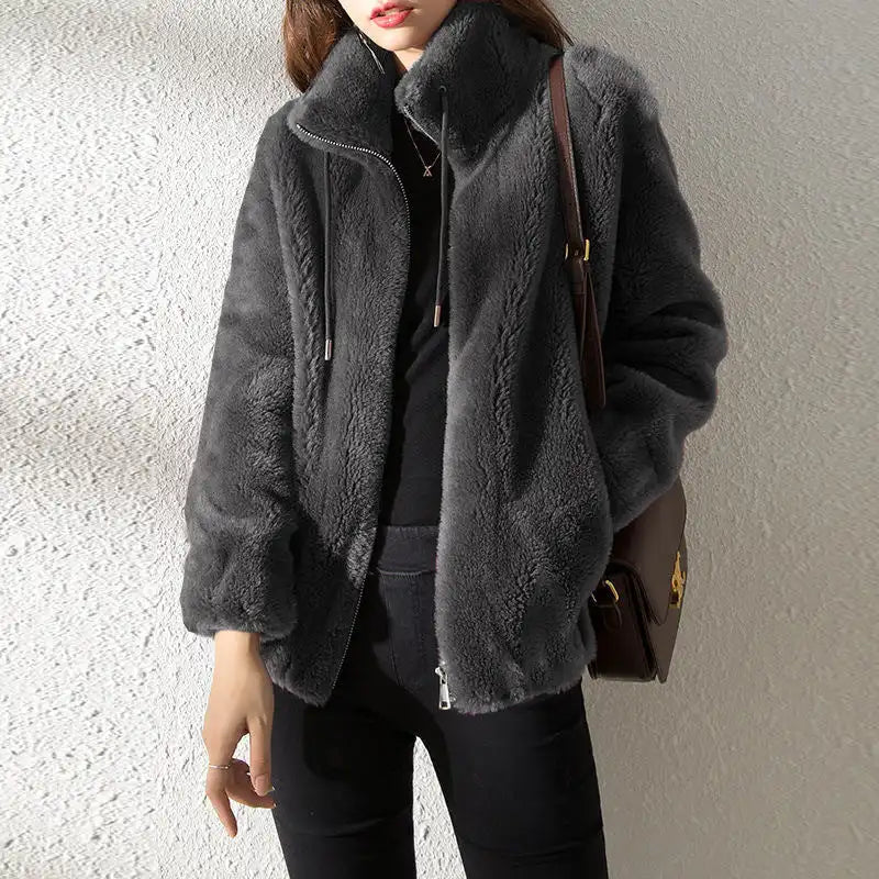 Cozy Double-Faced Fleece Jacket for Couples - Chic Padded Stand-Collar Winter Coat in Trendy Solid Colors