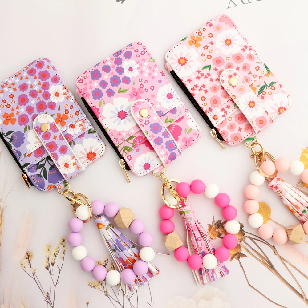 2024 Silicone Bead Bracelet Leather Card Bag Wristlet Keychain Silicone Bracelet Wallet Bangle Floret Printed Fragmented ID Bag