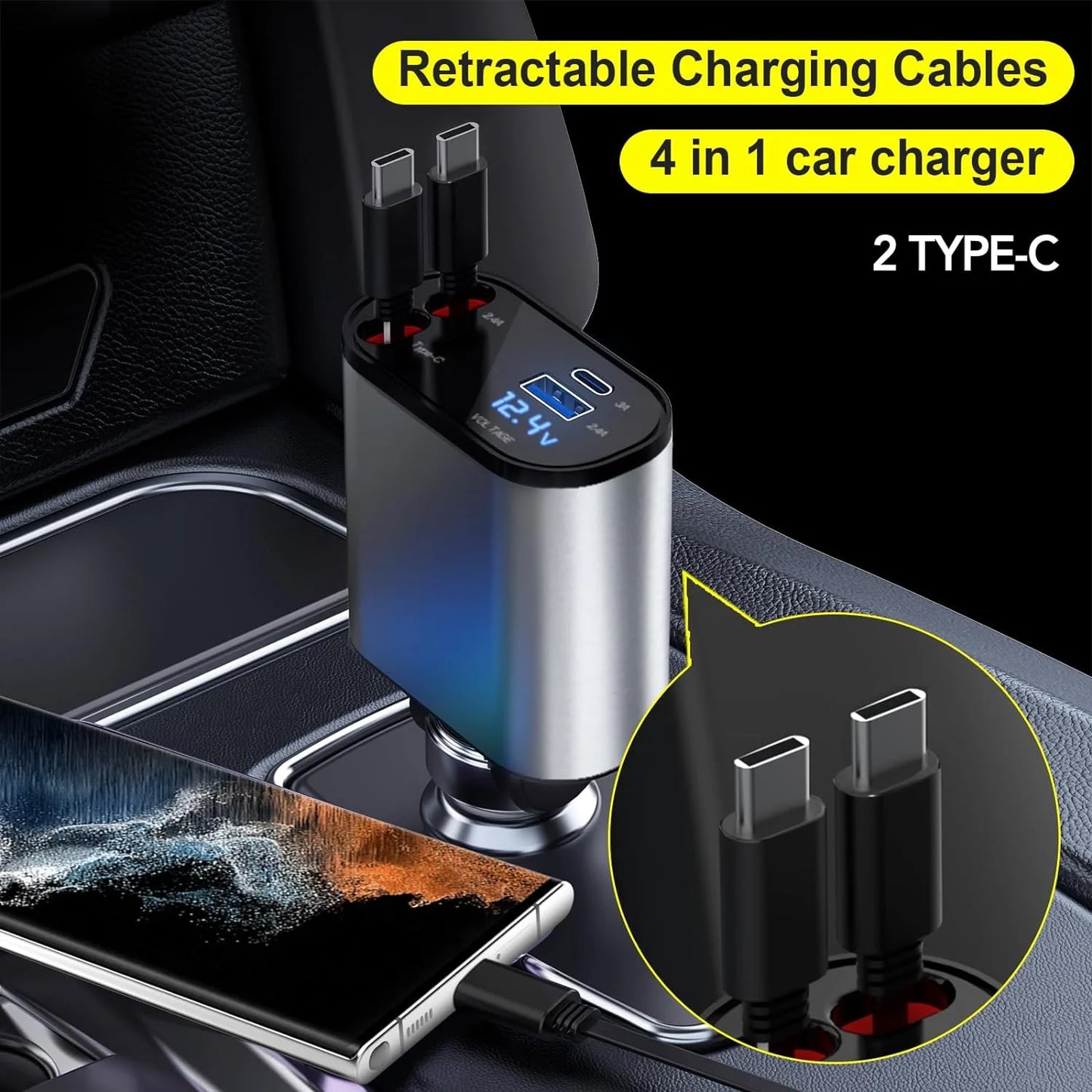 TIKTOK SHOP Retractable Car Charger, 4 in 1 Fast Car Phone Charger 66W, Retractable Cables and USB Car Charger, Compatible with iPhone 15/14/13/12/11,Galaxy,Pixel