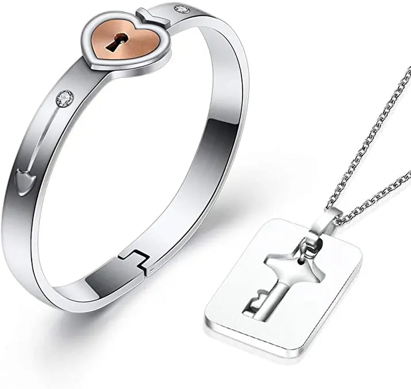 Stainless Steel Love Heart Jewelry Set - Elegant Lock & Key Pendant Necklace and Bracelet Combination