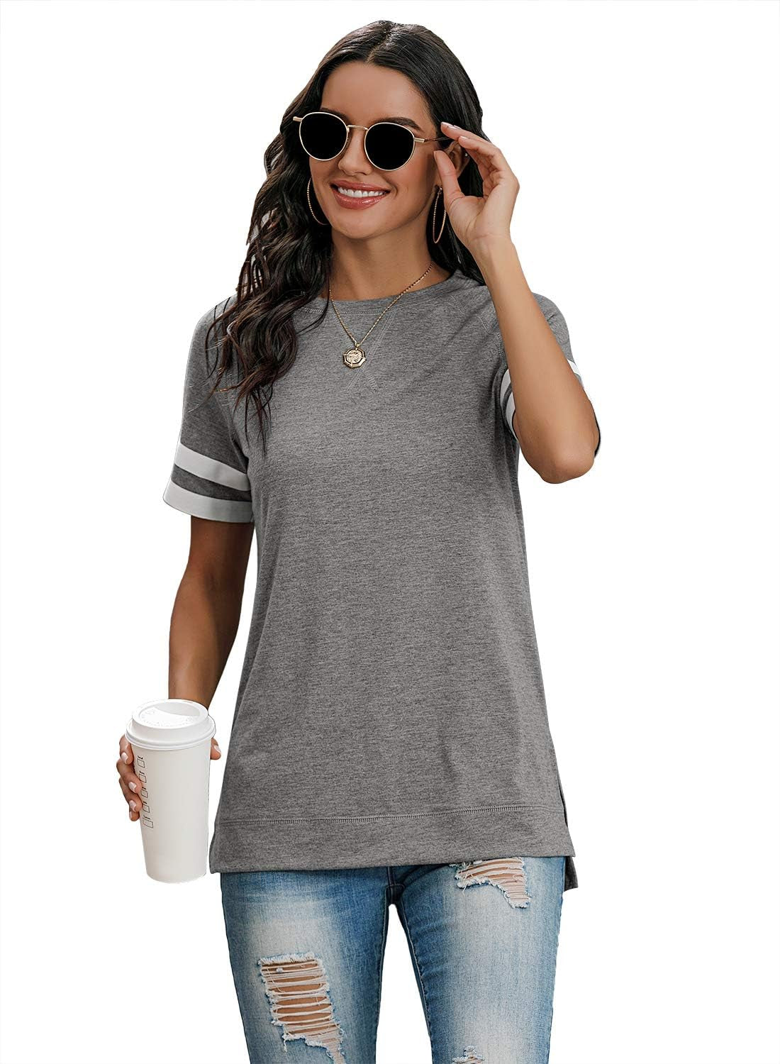 Women Tops Summer Short Sleeve Shirts Casual Loose Side Split Tunic Top S-2XL