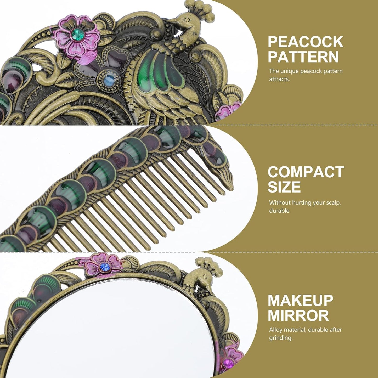 Elegant Vintage Peacock Handle Makeup Mirror Set - Portable Handheld Antique Cosmetic Mirrors for Travel and Personal Use