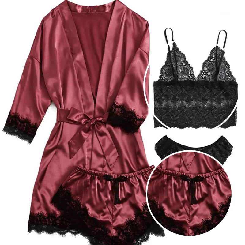 Summer 4 Piece Set of Women'S Lace Underwear Paired with Pajama Waistband Outer Robesexy Pajama Lace Patchwork Home Pajama Set