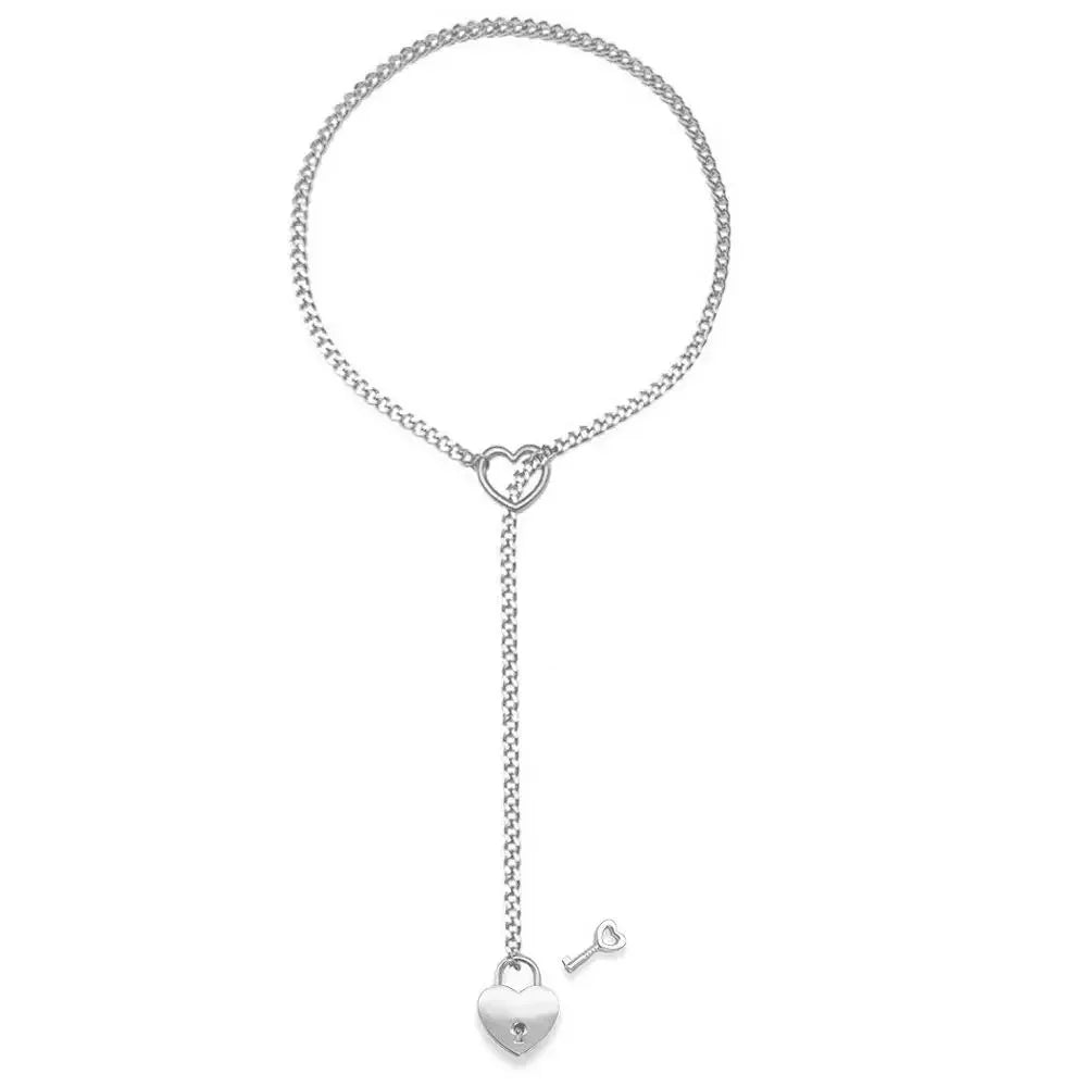 Heart Chain Necklace with Key & Heart Lock Pendant - Adjustable Gold, Silver, or Black Design