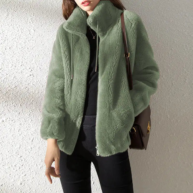 Cozy Double-Faced Fleece Jacket for Couples - Chic Padded Stand-Collar Winter Coat in Trendy Solid Colors