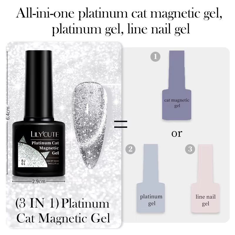 3-in-1 Platinum Rose Gold Cat Magnetic Gel Nail Polish - 7ML Moonlight Glitter UV Varnish for Stunning Semi-Permanent Manicures