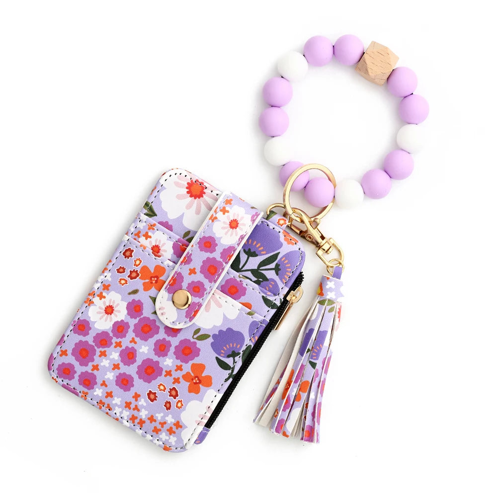 2024 Silicone Bead Bracelet Leather Card Bag Wristlet Keychain Silicone Bracelet Wallet Bangle Floret Printed Fragmented ID Bag