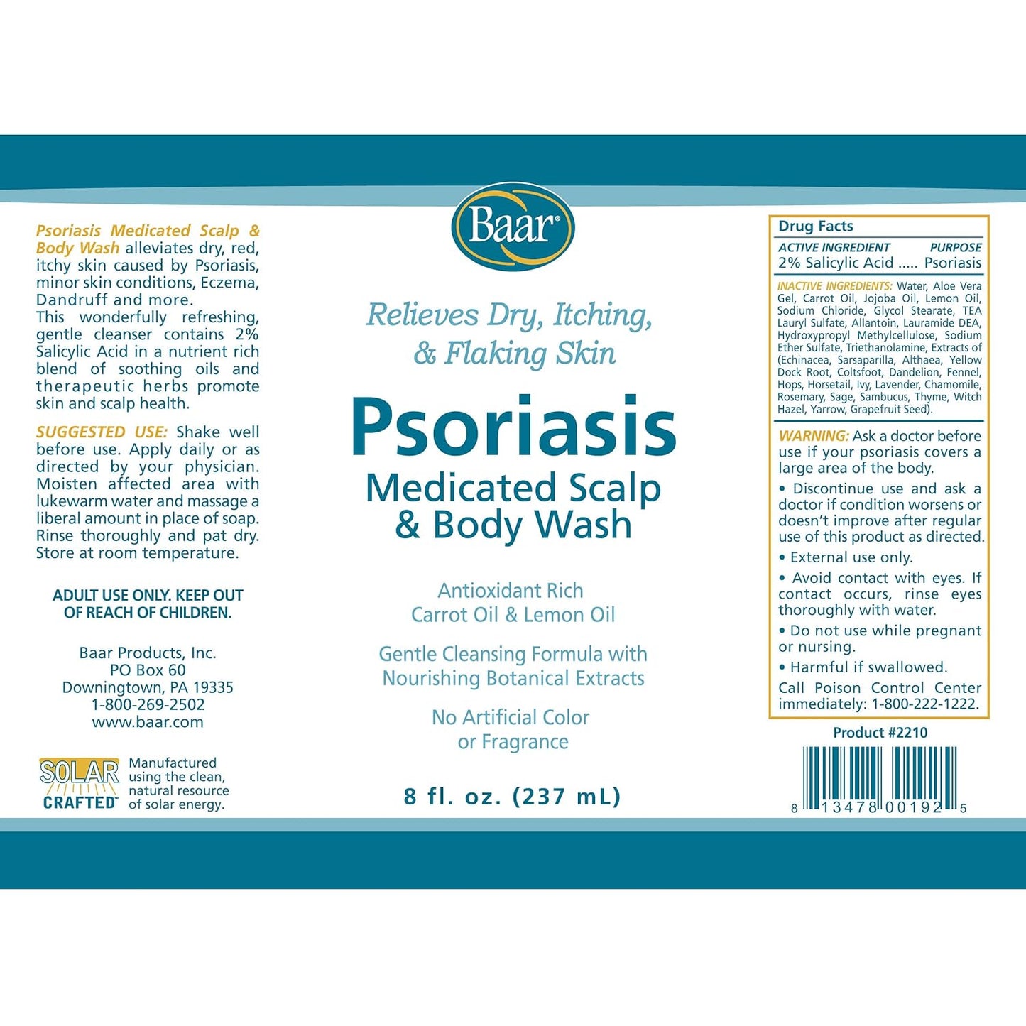 Psoriasis Therapeutic Scalp & Body Wash, Soothing Healing Formula with 2% Salicylic Acid and Antioxidant-Packed Botanicals like Carrot and Lemon Oil to Relieve Itchy, Dry Skin, 8 Fl Oz