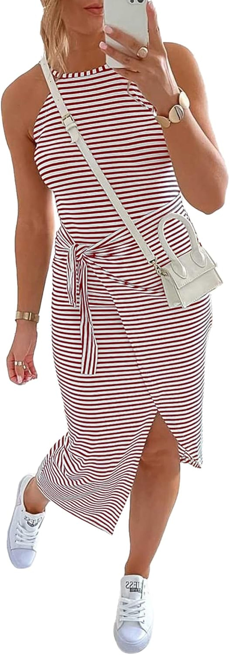 Women Casual Sleeveless Striped Tank Midi Dresses Halter Neck Ruched Bodycon Dresses Tie Waist T Shirt Summer Dress