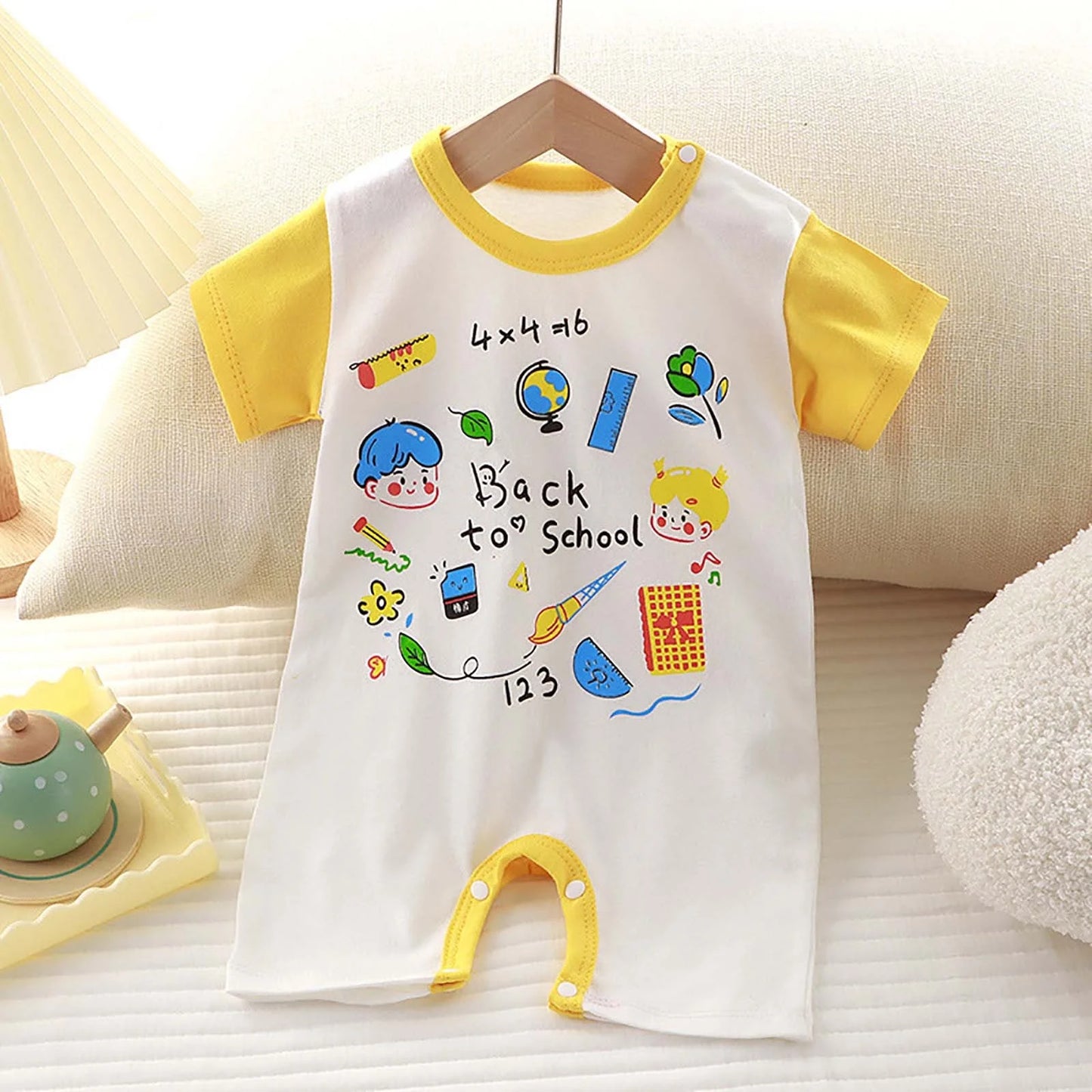 Baby Girl Romper,Cute Crew Neck Short Sleeve Bodysuit on Sale Yellow 1-2T