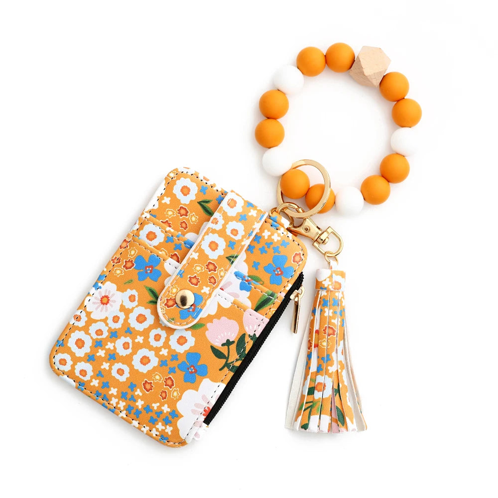 2024 Silicone Bead Bracelet Leather Card Bag Wristlet Keychain Silicone Bracelet Wallet Bangle Floret Printed Fragmented ID Bag