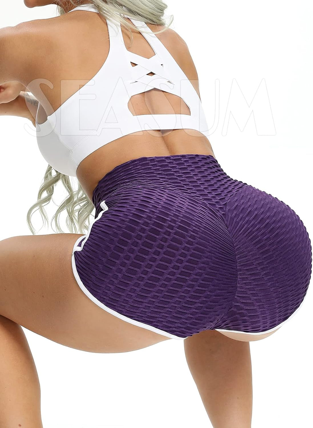 Women'S Workout Booty Scrunch Butt Lifting Yoga High Waist Sports Textured Legging anti Cellulite Shorts, A-Y-Dolphin Textured Purple, Medium