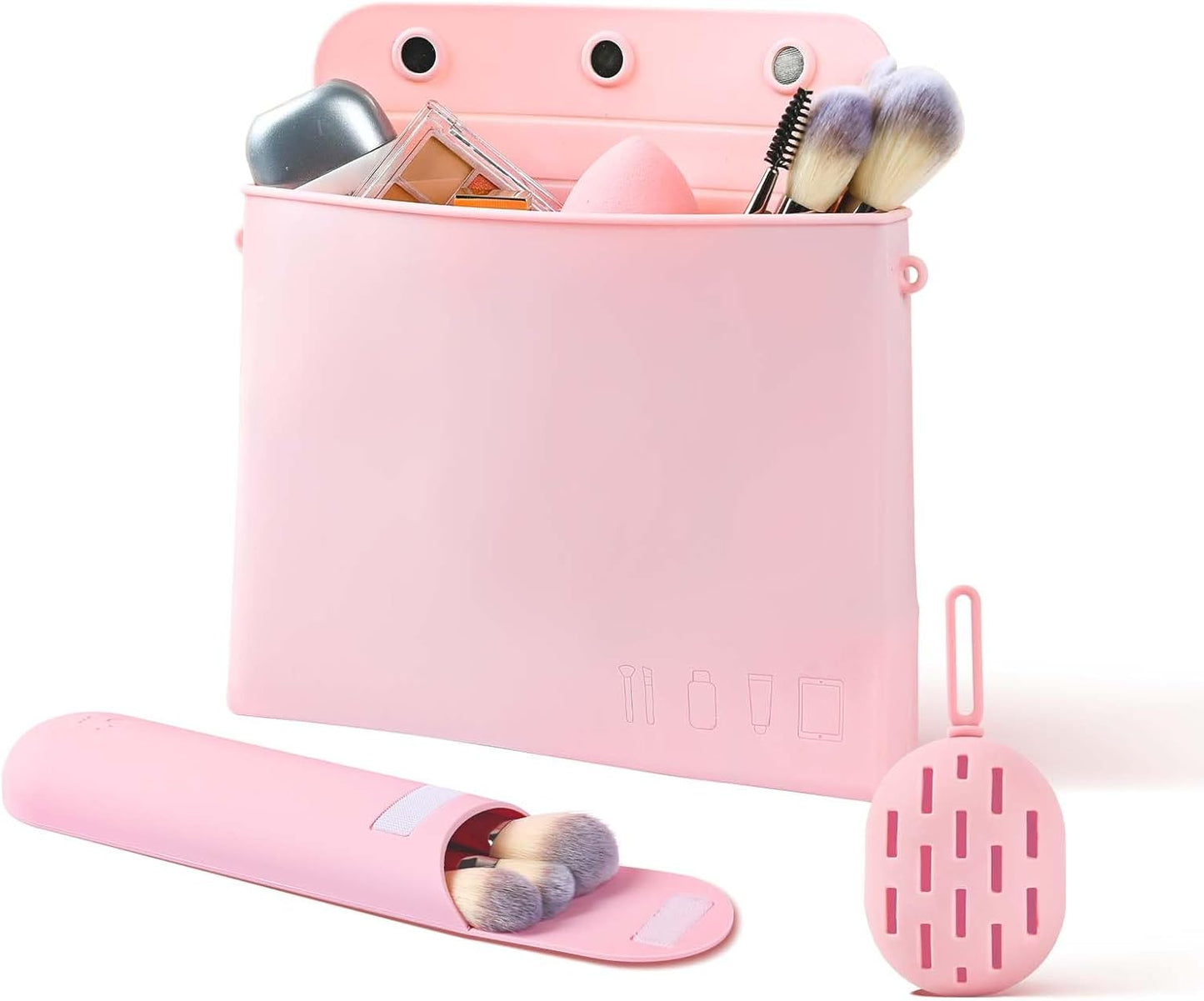 Silicone Makeup Bag & Travel Makeup Brush Holder & Makeup Sponge Holder, Travel Silicone Makeup Bag Set, Toiletry Bag for Storing Makeup Brushes and Makeup Tools (Pink)