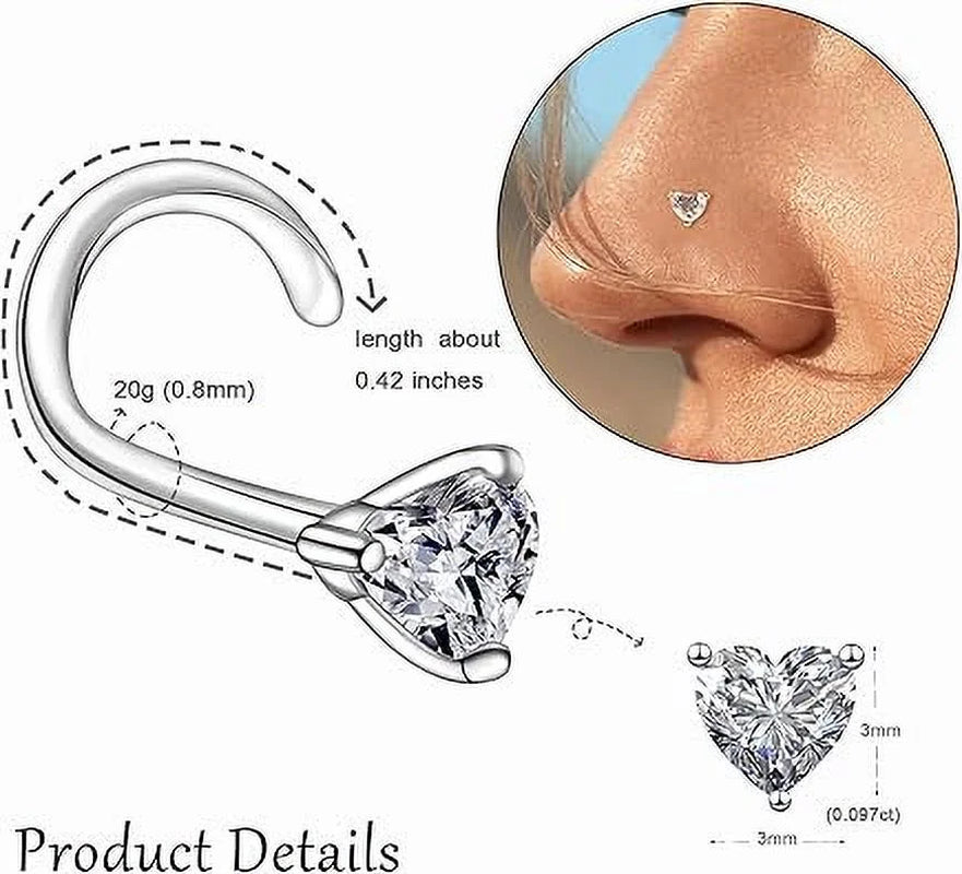 20G Moissanite Heart Nose Studs | 925 Sterling Silver Hypoallergenic Nose Rings for Women & Men