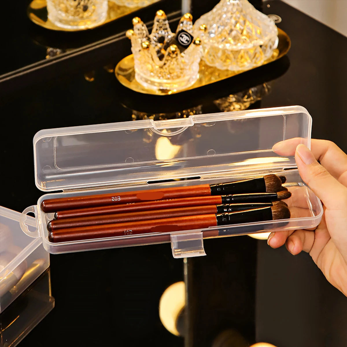 1Pc Transparent Flip-Top Portable Storage Box, Makeup Brush Box, Eyebrow Pencil Toothbrush Organizer, Cosmetic Brush Storage Con