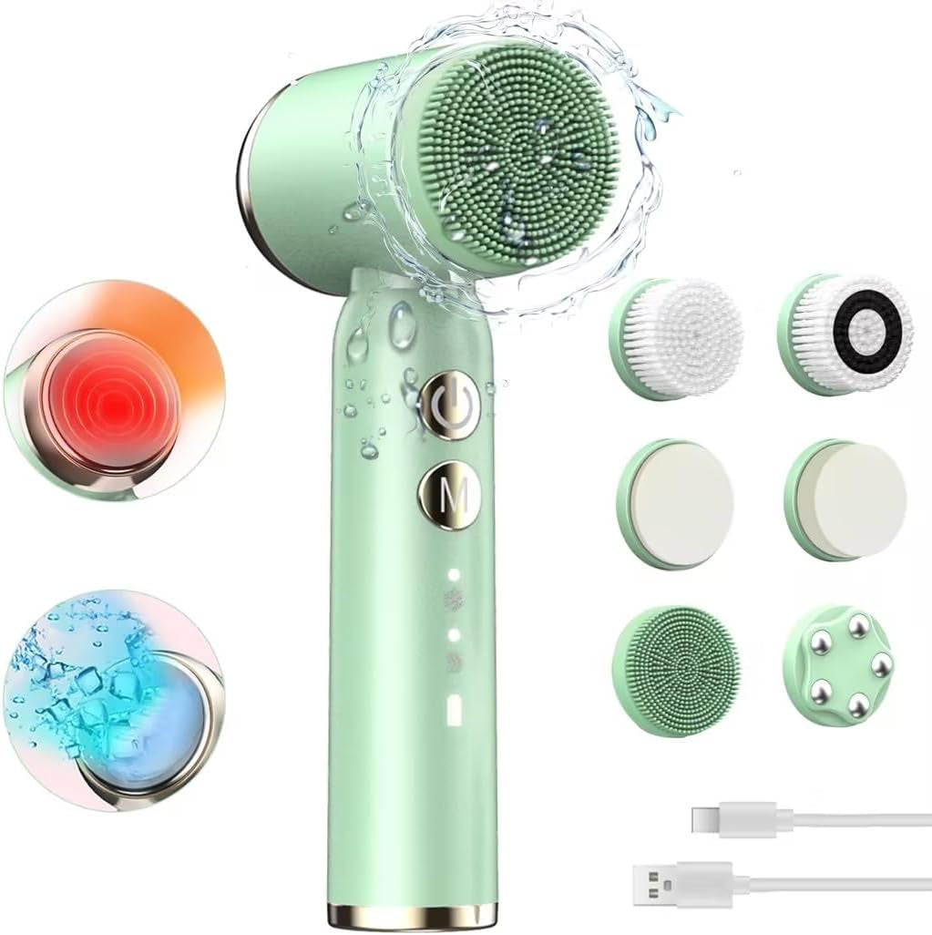 Ultimate 8-in-1 Electric Facial Cleansing Brush – Hot & Cold Compress, 6 Brush Heads, 3 Spin Speeds, Waterproof Exfoliator, Massager (Pink)