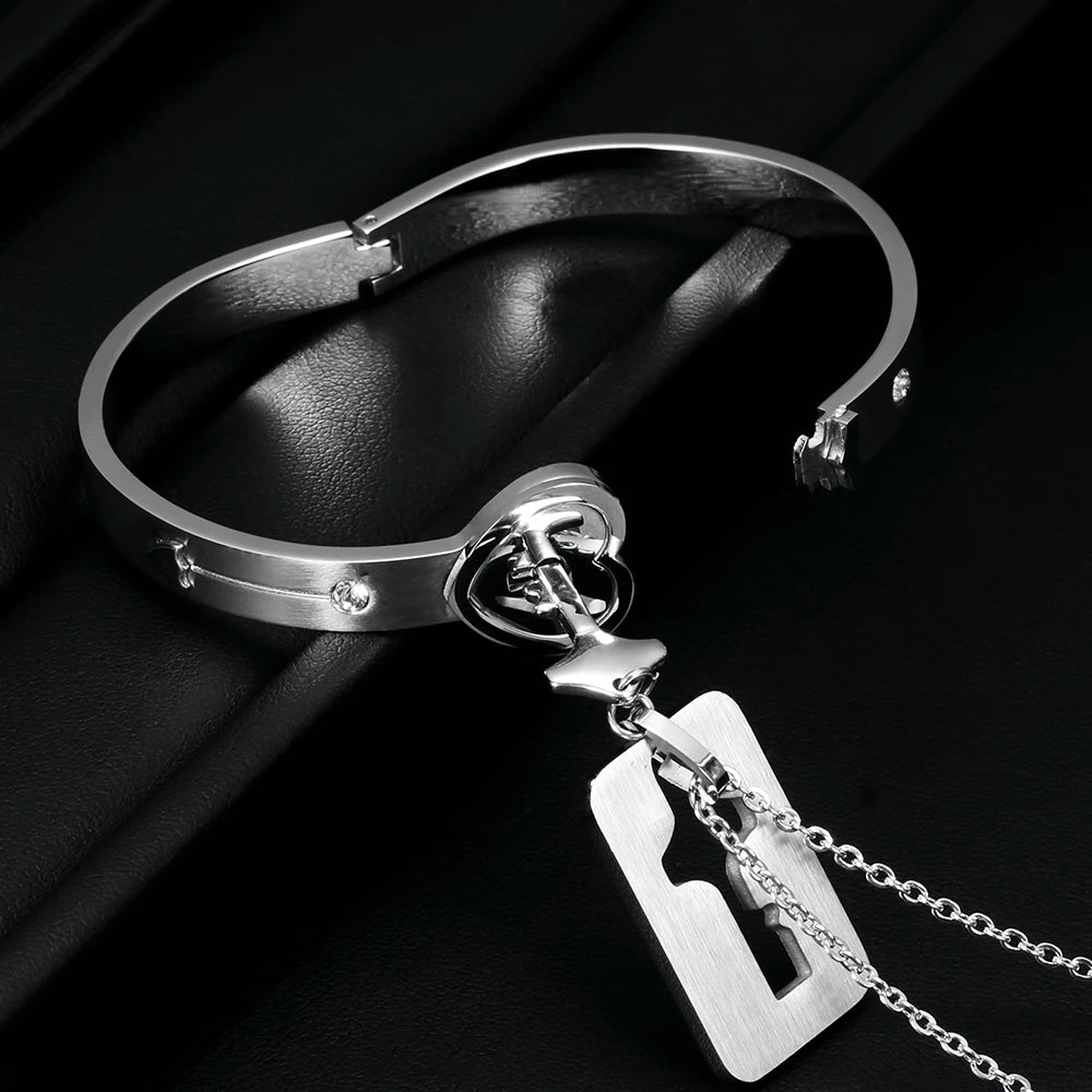 Stainless Steel Love Heart Jewelry Set - Elegant Lock & Key Pendant Necklace and Bracelet Combination