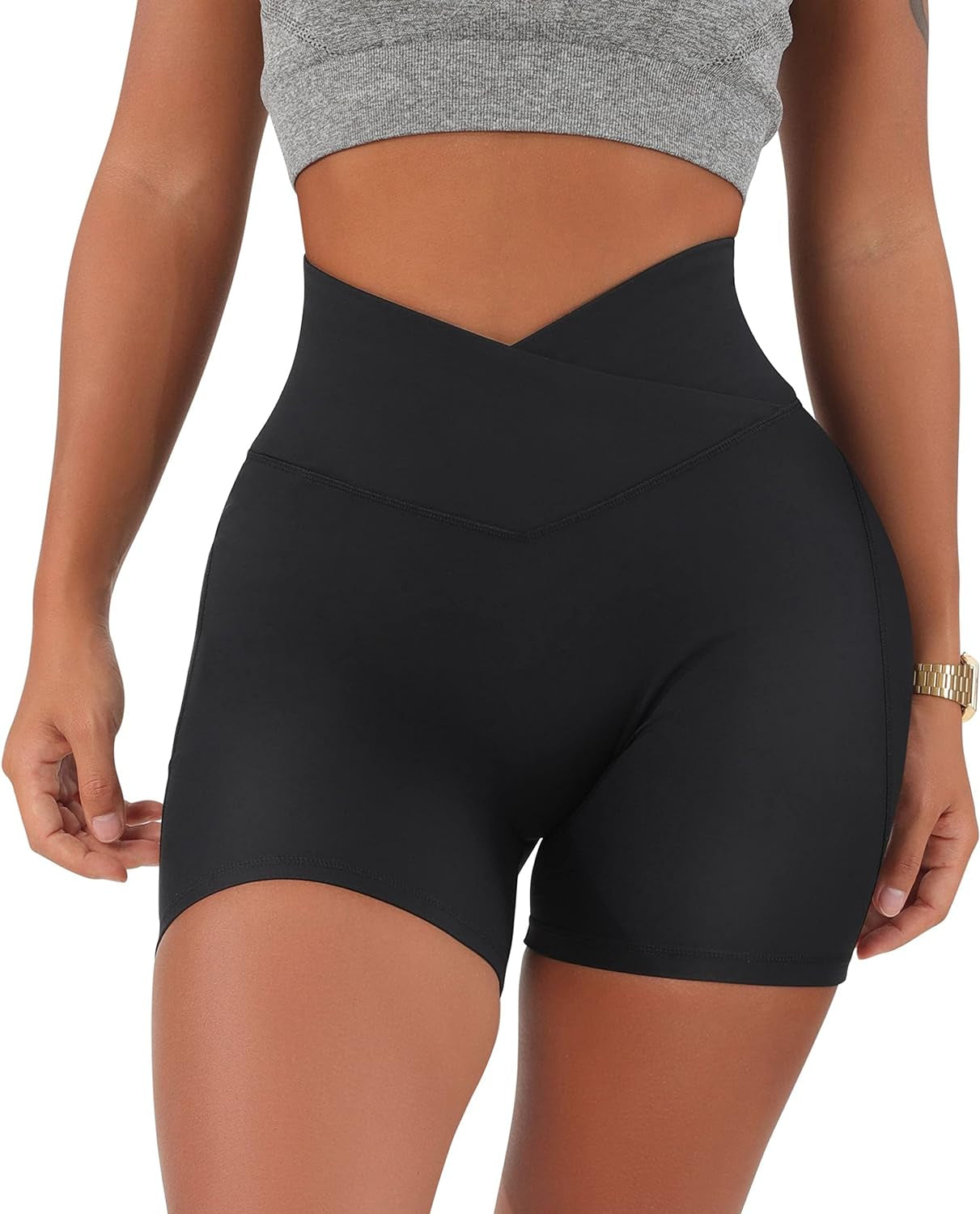 Women'S Cross Waist Biker Shorts Butt Lift 5" Running Gym Workout Yoga Shorts Medium Black