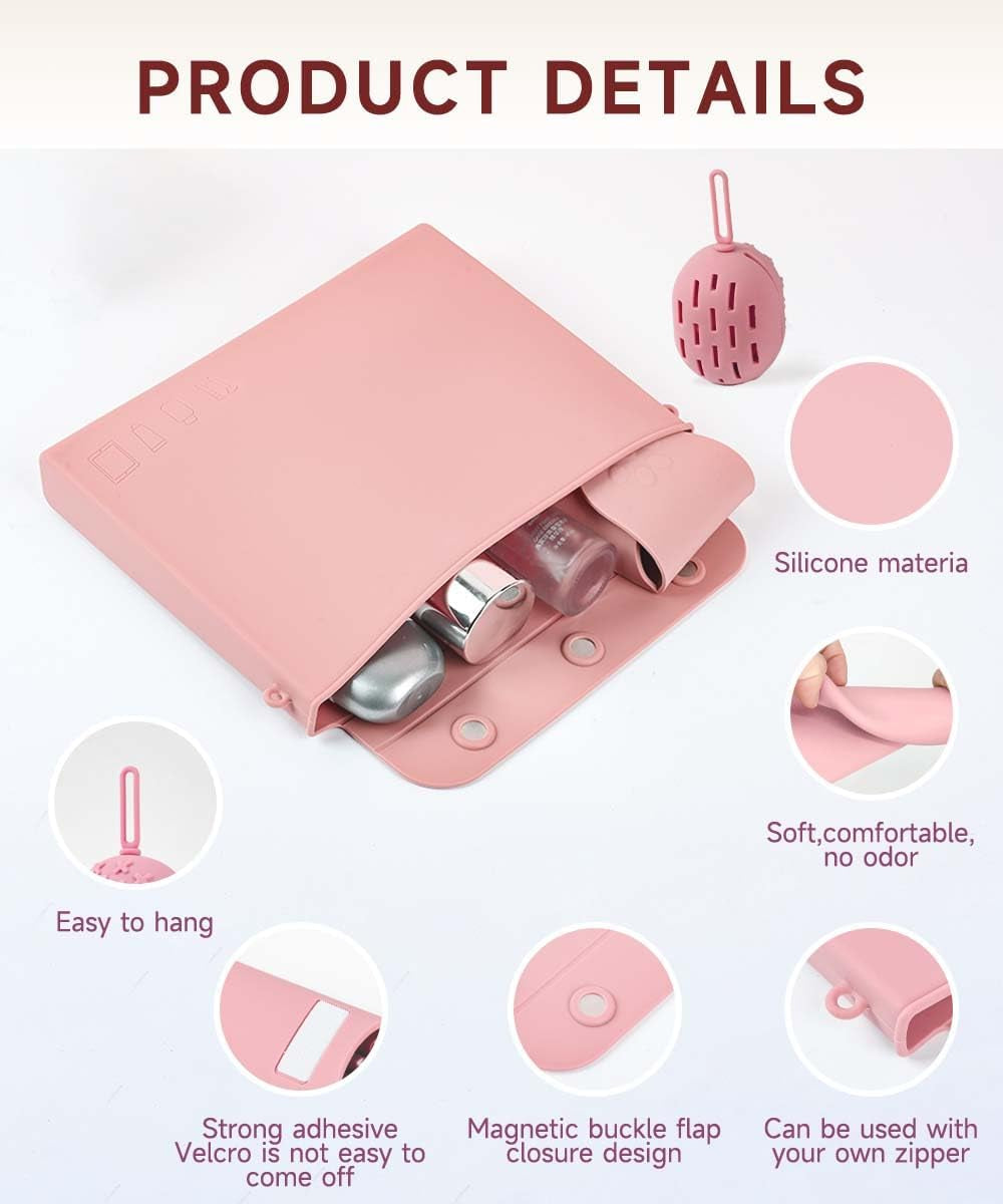 Silicone Makeup Bag & Travel Makeup Brush Holder & Makeup Sponge Holder, Travel Silicone Makeup Bag Set, Toiletry Bag for Storing Makeup Brushes and Makeup Tools (Pink)