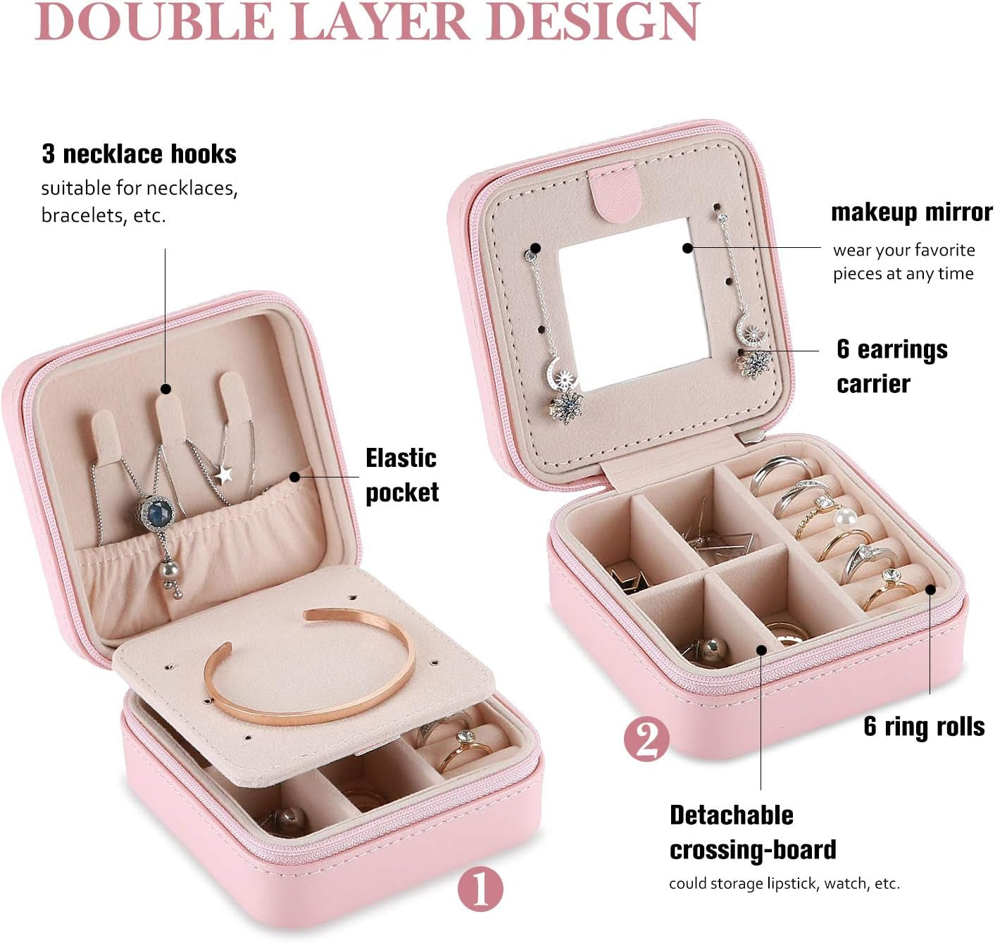 Vc-Ssb08-Pink Travel Jewellery Box for Jewellery Storage, Faux Leather Mini Jewellery Travel Case with Mirror for Necklaces Bracelets Earrings Rings Pink, Pink, Travel