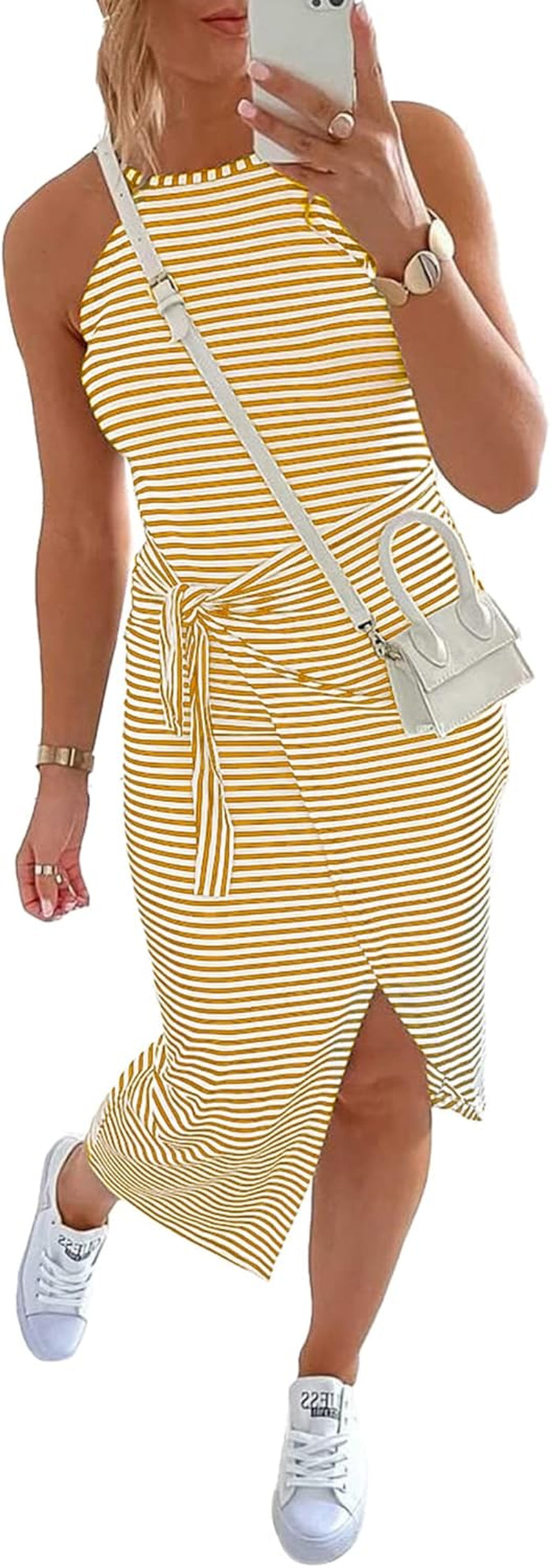 Women Casual Sleeveless Striped Tank Midi Dresses Halter Neck Ruched Bodycon Dresses Tie Waist T Shirt Summer Dress
