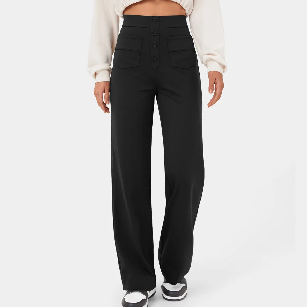 Fashion New Women'S Straight-Leg Casual Pants High-Waisted Buttoned Elastic Pockets Multiple Pockets Solid Pants