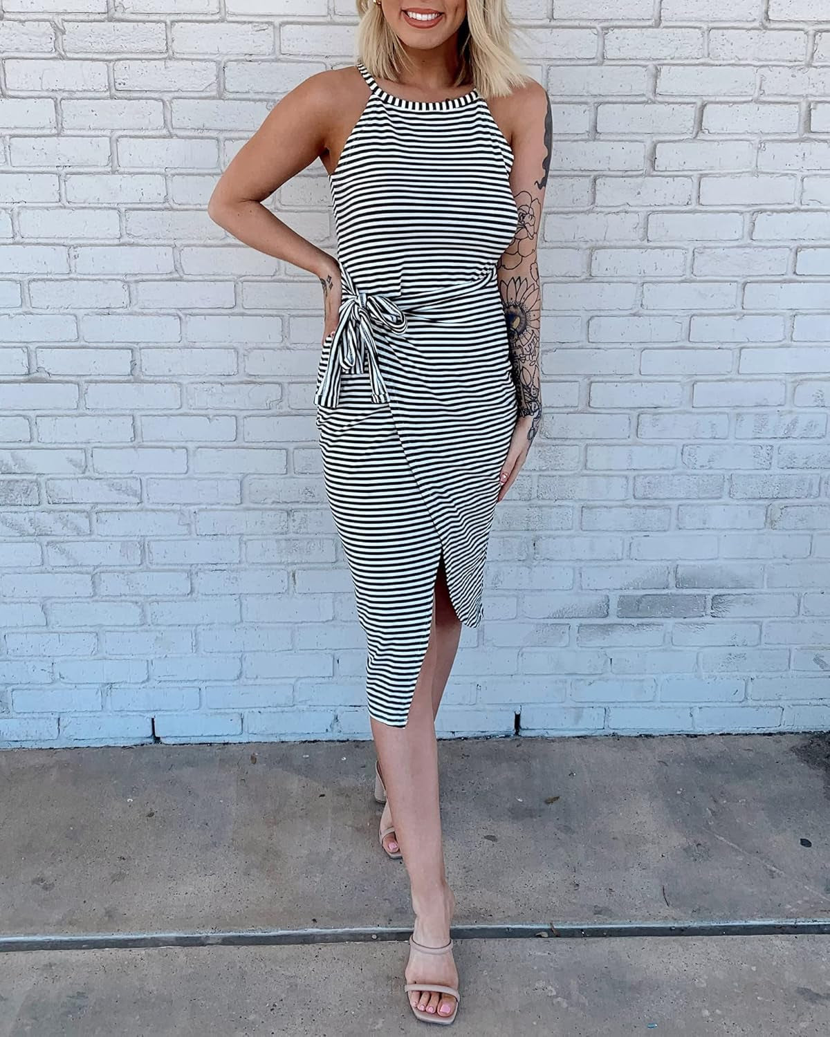 Women Casual Sleeveless Striped Tank Midi Dresses Halter Neck Ruched Bodycon Dresses Tie Waist T Shirt Summer Dress