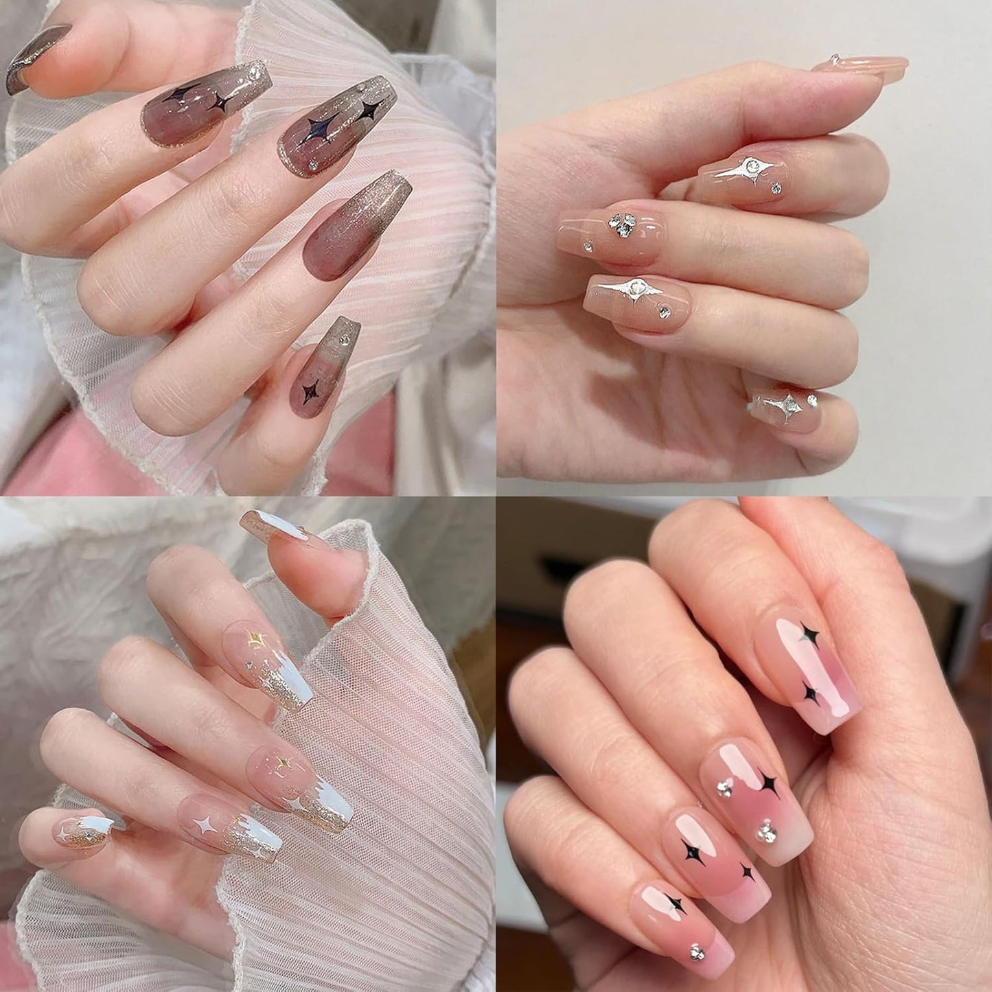 Star Nail Stickers 12Pcs Metallic Gold, Silver, White, Black Star Nail Decals Self-Adhesive Nail Art Stickers