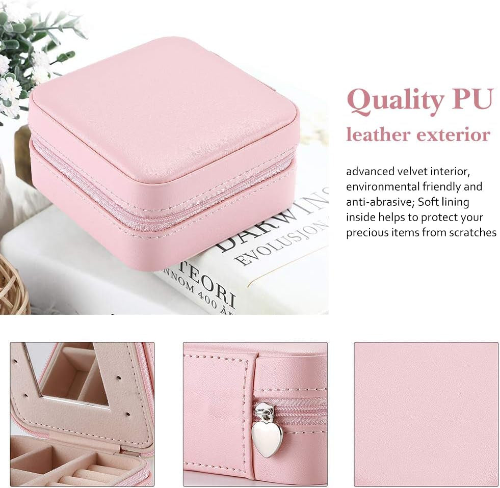 Vc-Ssb08-Pink Travel Jewellery Box for Jewellery Storage, Faux Leather Mini Jewellery Travel Case with Mirror for Necklaces Bracelets Earrings Rings Pink, Pink, Travel