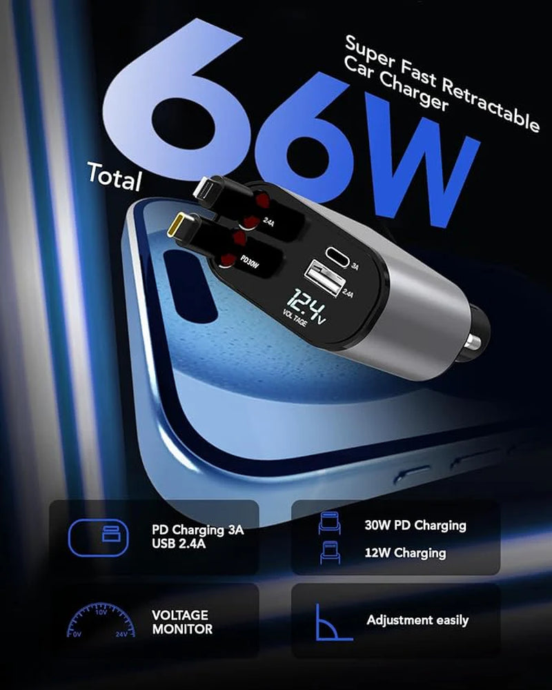 TIKTOK SHOP Retractable Car Charger, 4 in 1 Fast Car Phone Charger 66W, Retractable Cables and USB Car Charger, Compatible with iPhone 15/14/13/12/11,Galaxy,Pixel