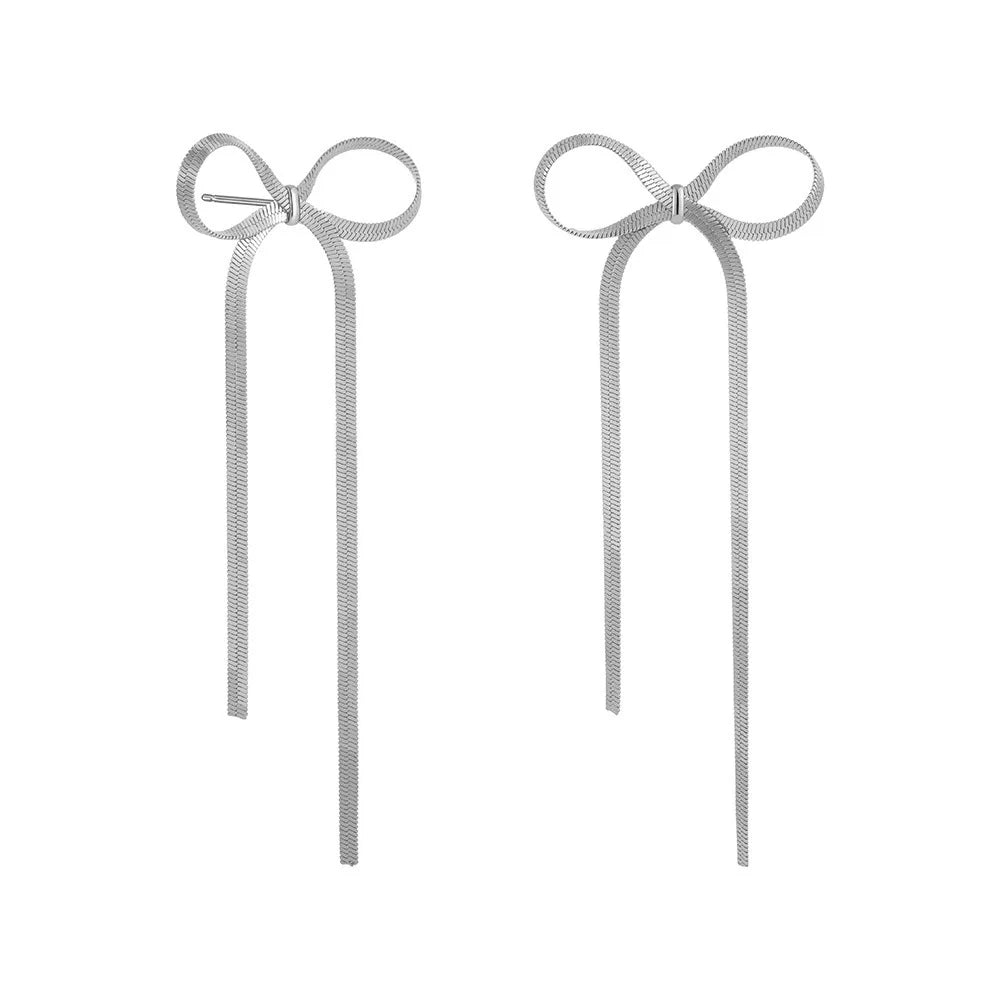 Fashion Long Tassel Bow Earrings for Women Stainless Steel Flat Snake Chain Bowknot Drop Earrings Statement Jewelry Girls Gift