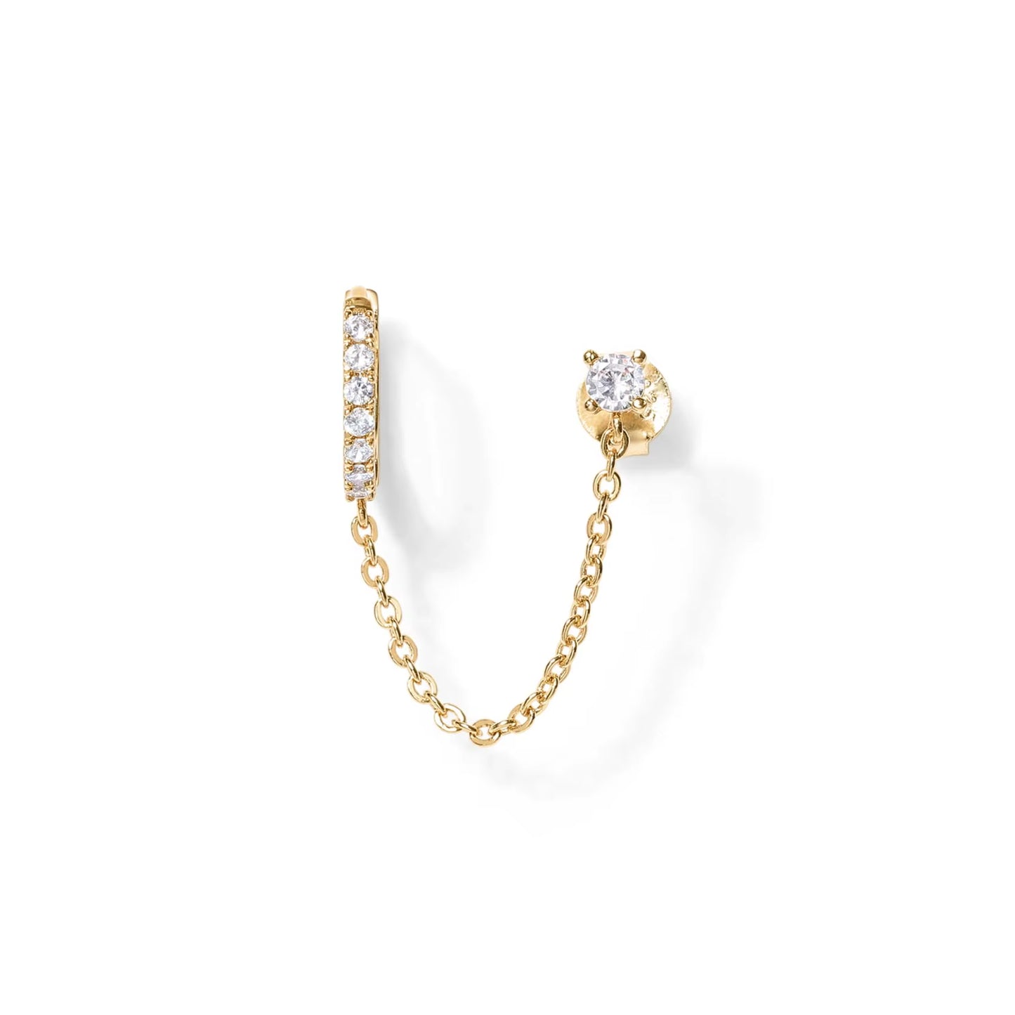 14K Gold Chain Earrings- Double Piercing Dangle Chain- Stud