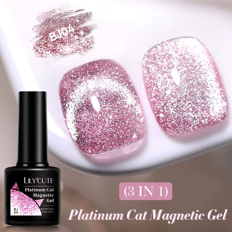 3-in-1 Platinum Rose Gold Cat Magnetic Gel Nail Polish - 7ML Moonlight Glitter UV Varnish for Stunning Semi-Permanent Manicures