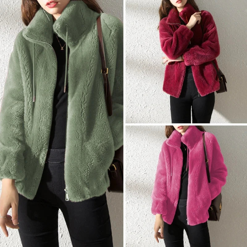 Cozy Double-Faced Fleece Jacket for Couples - Chic Padded Stand-Collar Winter Coat in Trendy Solid Colors