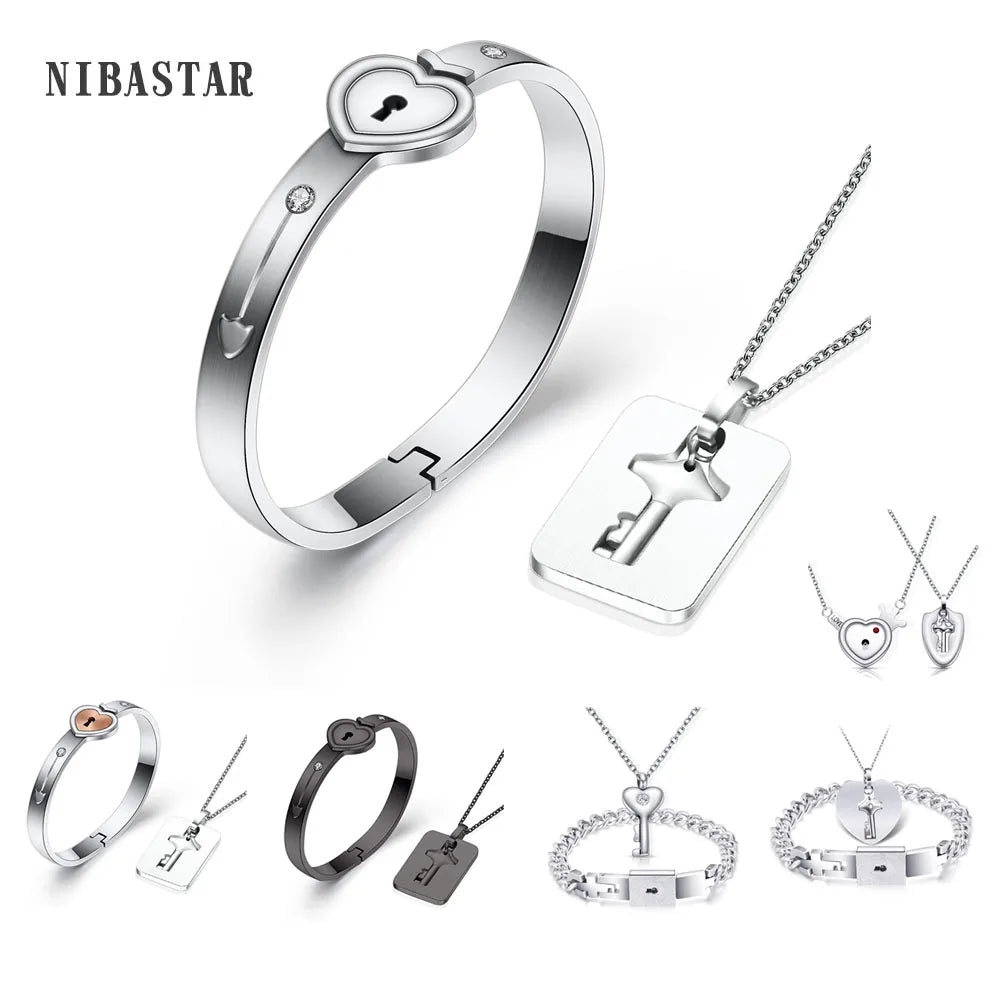 Stainless Steel Love Heart Jewelry Set - Elegant Lock & Key Pendant Necklace and Bracelet Combination