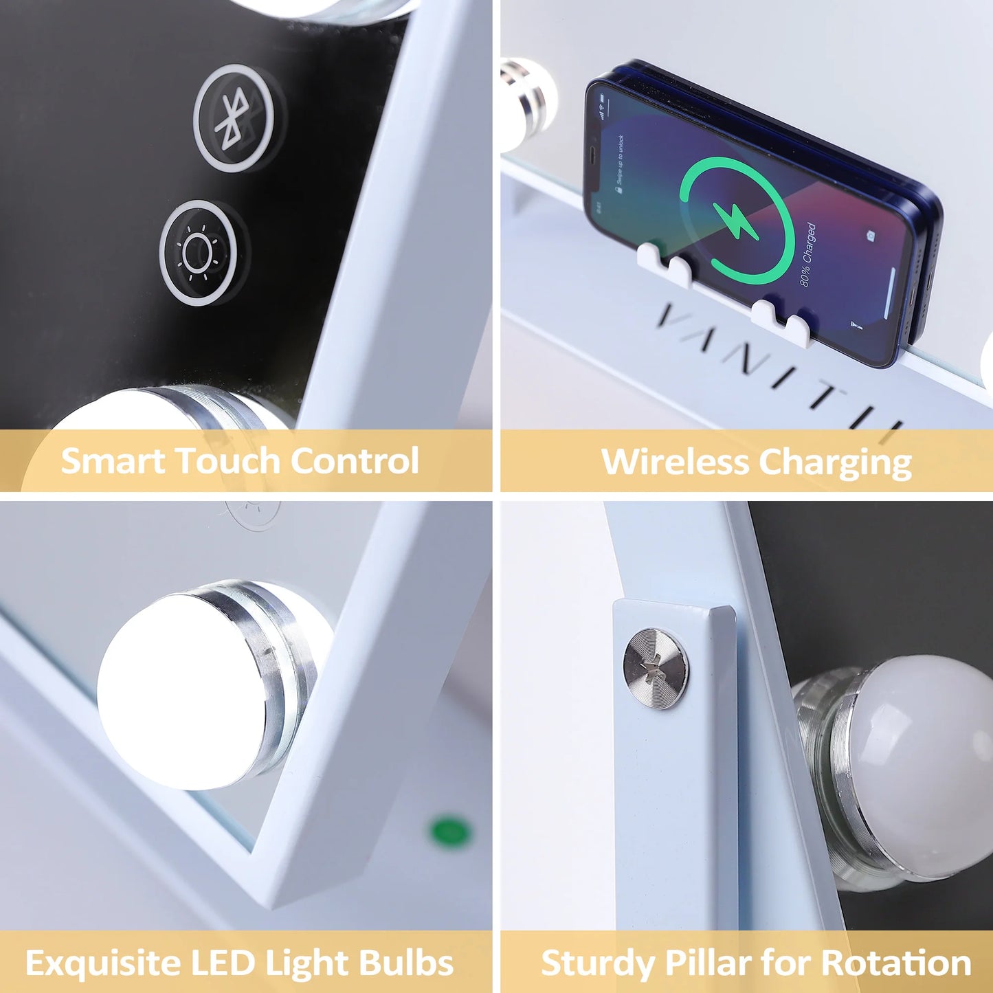 Illuminate Your Beauty: FENCHILIN White Hollywood Vanity Mirror with Dimmable Lights, Bluetooth Speaker, and Wireless Charger
