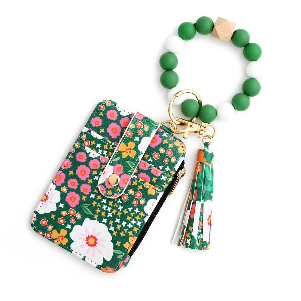 2024 Silicone Bead Bracelet Leather Card Bag Wristlet Keychain Silicone Bracelet Wallet Bangle Floret Printed Fragmented ID Bag