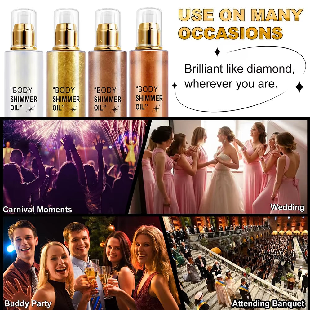 Body Glitter 100Ml Body Shimmer Oil Moisturizing Long Lasting Body Luminizer for Face Brighten Shimmer Glow Highlighter Makeup