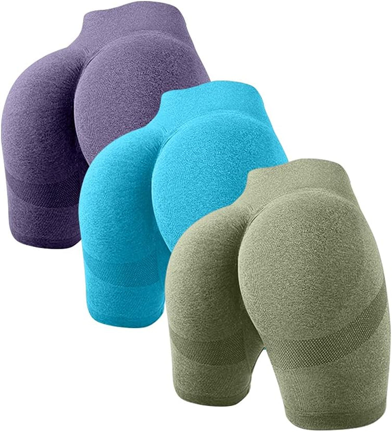 Women'S 3 Piece Butt Lifting Yoga Workout High Waist Tummy Control Ruched Booty Pants Shorts, Purple,Blue,Avocadogreen, Large