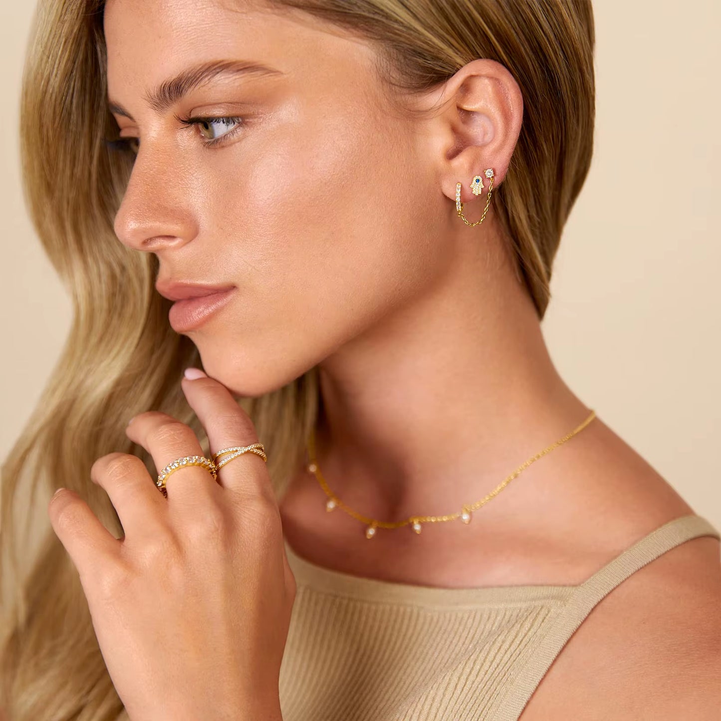 14K Gold Chain Earrings- Double Piercing Dangle Chain- Stud