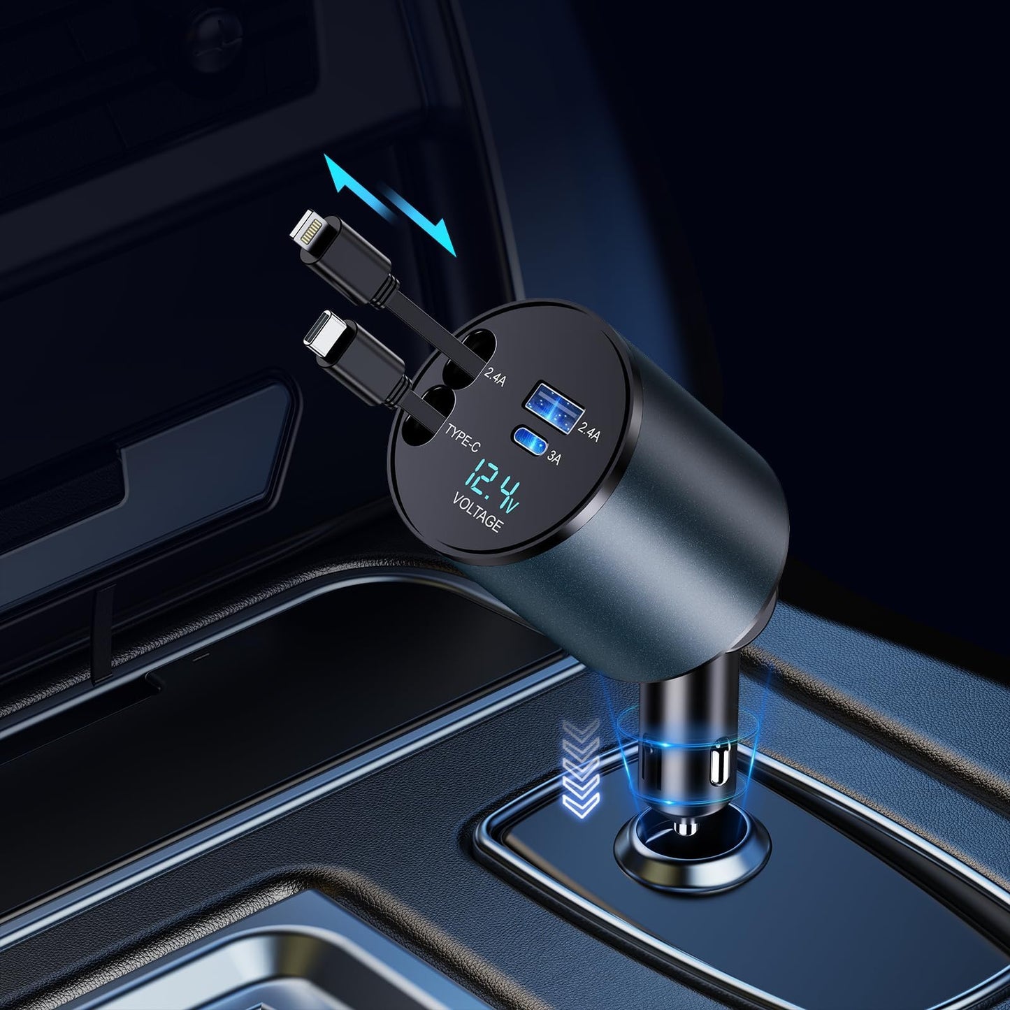 TIKTOK SHOP Retractable Car Charger, 4 in 1 Fast Car Phone Charger 66W, Retractable Cables and USB Car Charger, Compatible with iPhone 15/14/13/12/11,Galaxy,Pixel