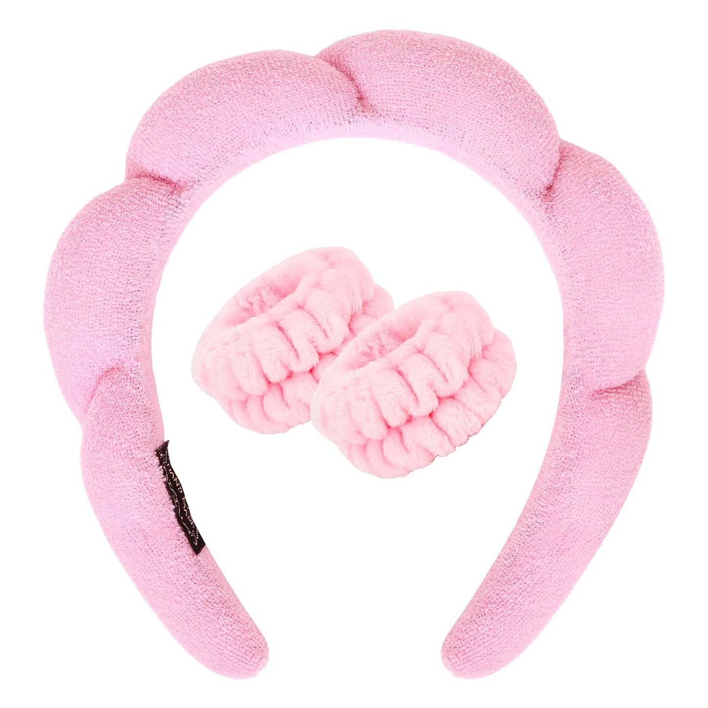 Pink Skincare Headband and Wristband Set for Washing Face, Makeup, Spa - Bubble Puffy Terry Cloth Soft Sponge Clouds Hair Accessories for Women