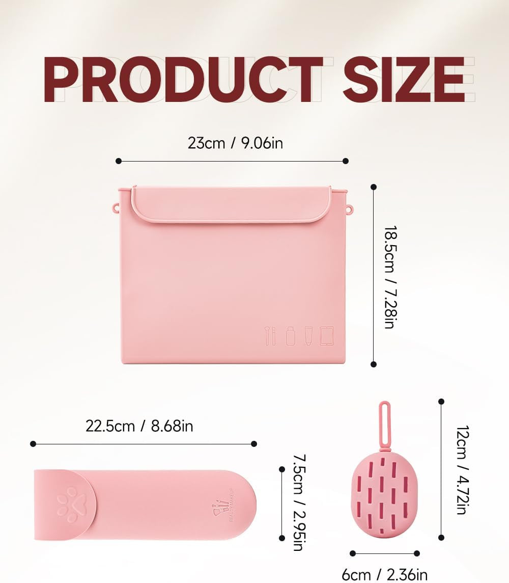 Silicone Makeup Bag & Travel Makeup Brush Holder & Makeup Sponge Holder, Travel Silicone Makeup Bag Set, Toiletry Bag for Storing Makeup Brushes and Makeup Tools (Pink)